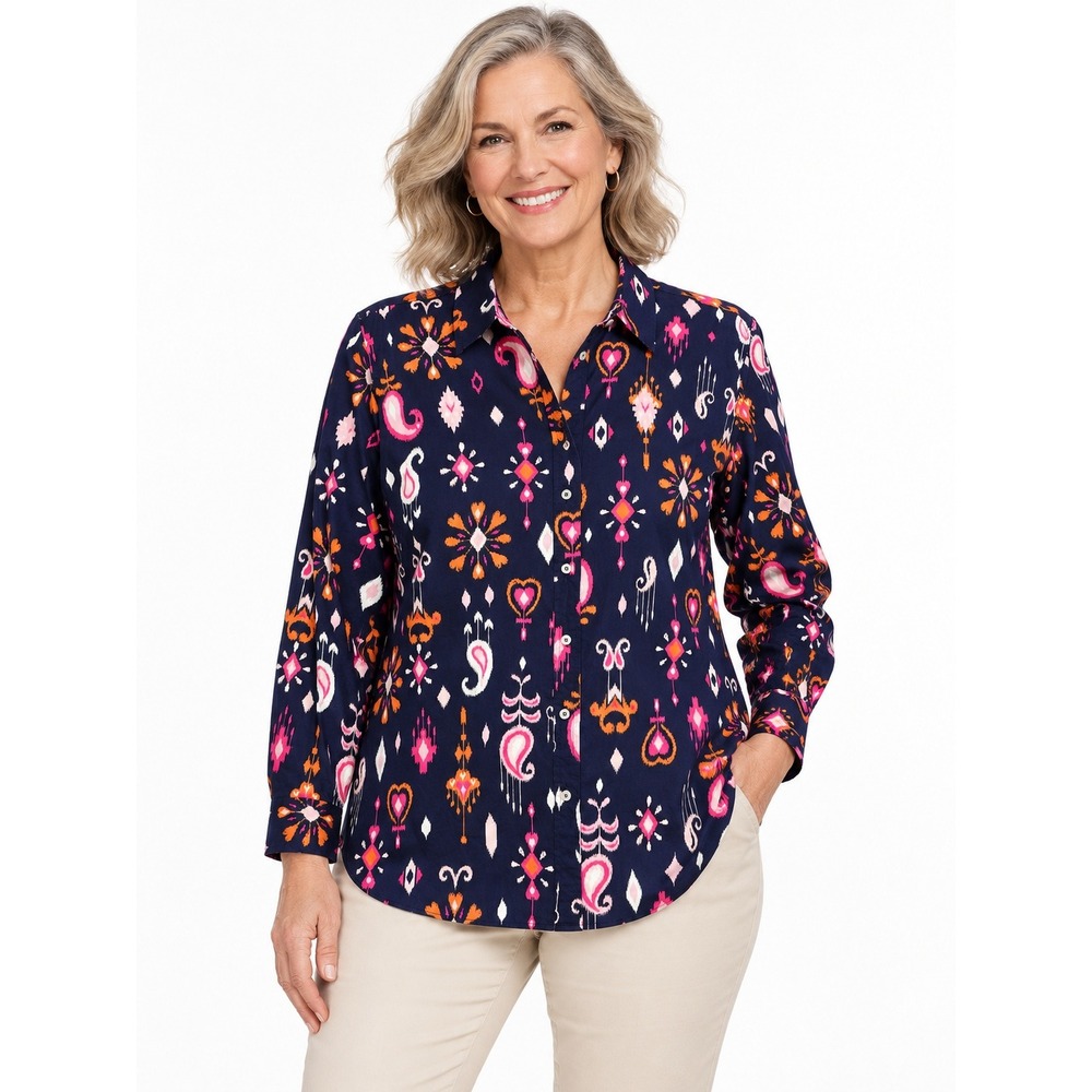 Talbots Button Down LS Shirt Sz XLP Navy Pink Ikat Paisley Cotton Office Preppy